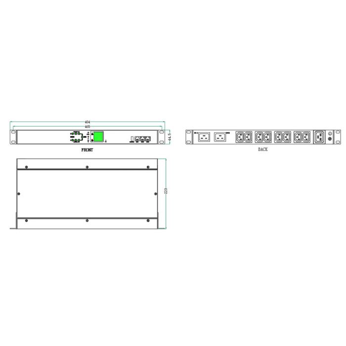 Автомат включения резерва NTSS 1U, 230В, 16А, вход 2(C20), выход 8(С13) и 2(C19), встроенный контроллер (Metered)