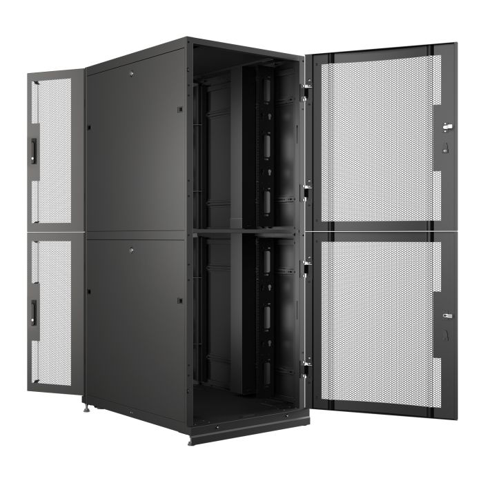 Шкаф напольный серверный NTSS CoDS 48U 800х1200мм, 2 секции по 23U, двойные боковые стенки, панель потолка и пола с щеточными вводами, двери перфорированная и перфорированная двухстворчатая, регулируемые опоры, ролики, черный RAL 9005