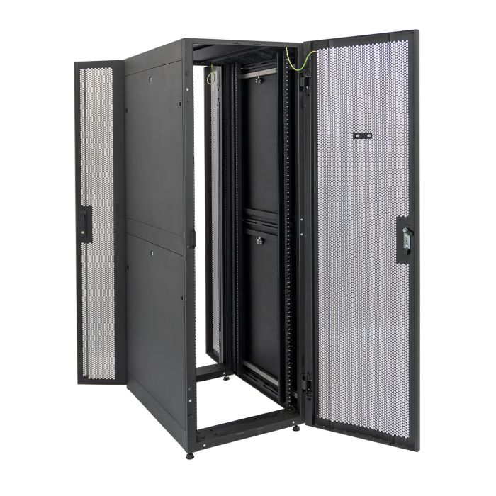 Шкаф напольный серверный NTSS ПРОЦОД DS 42U 800х1200мм, двойные боковые стенки, панель потолка с щеточными вводами, двери перфорированная и перфорированная двухстворчатая, без панели пола, регулируемые опоры, ролики, черный RAL 9005