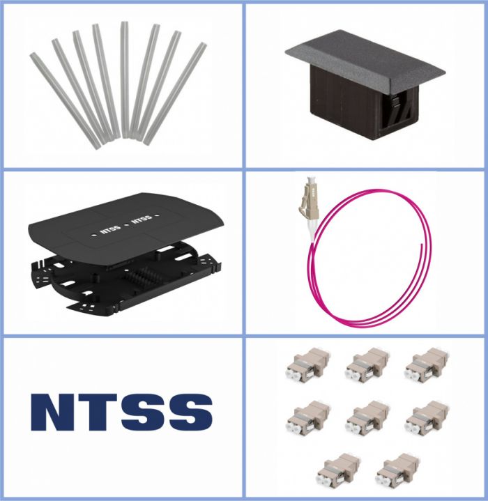 Кросс NTSS оптический 19'' укомплектованный 2U, 64 порта LC/UPC duplex, 50/125 мкм ОМ4 (сплошная панель, сплайс-кассета 4шт, пигтейлы, КДЗС, адаптеры) серый RAL 7035