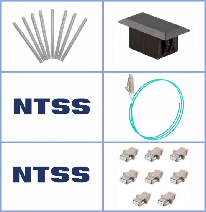 Кросс NTSS оптический настенный Микро, укомплектованный, 6 портов LC/UPC duplex, 50/125 мкм ОМ3 (сплошная панель, ложемент, пигтейлы, КДЗС, адаптеры) серый RAL 7035