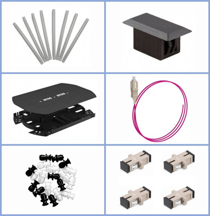 Кросс NTSS оптический 19'' укомплектованный 1U, 4 порта SC/UPC, 50/125 мкм ОМ4 (планки, сплайс-кассета, пигтейлы, КДЗС, адаптеры) черный RAL 9005