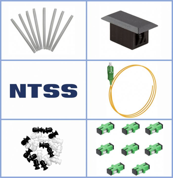 Кросс NTSS оптический настенный Мини, укомплектованный, 8 портов SC/APC, 9/125 мкм (планка, ложемент, пигтейлы, КДЗС, адаптеры) серый RAL 7035