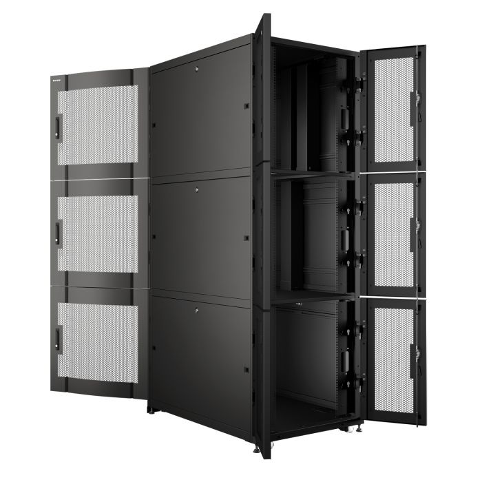 Шкаф напольный серверный NTSS CoDS 42U 750х1200мм, 3 секции по 13U, двойные боковые стенки, панель потолка и пола с щеточными вводами, двери перфорированная и перфорированная двухстворчатая, регулируемые опоры, ролики, черный RAL 9005