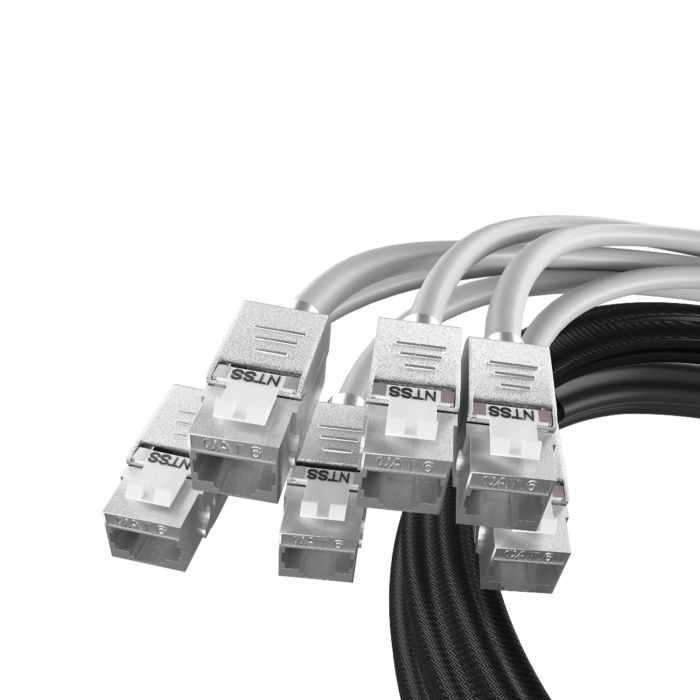 Кабельная сборка NTSS PREMIUM 24pc, FTP CAT6, оконцована разъемами KEYSTONE RJ45 FTP CAT6, заделка в чулке, вывод 0.6м, длина 20м, LSZH, серый