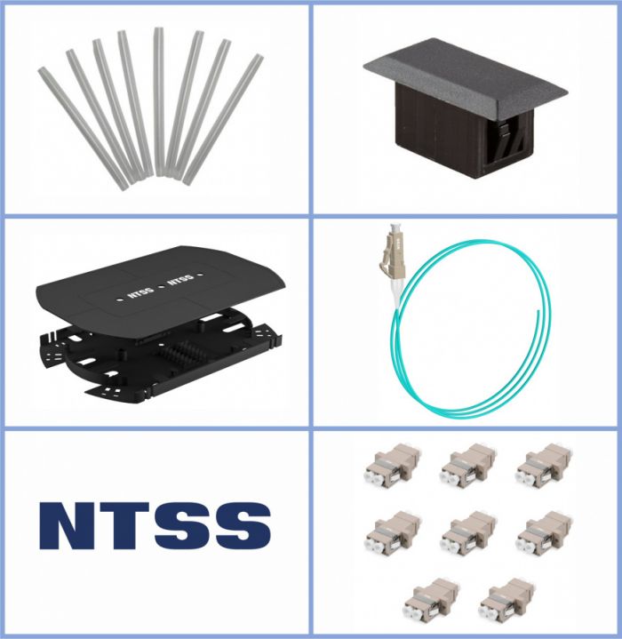 Кросс NTSS оптический 19'' укомплектованный 1U, 32 порта LC/UPC duplex, 50/125 мкм ОМ3 (сплошная панель, сплайс-кассета 2шт, пигтейлы, КДЗС, адаптеры) черный RAL 9005