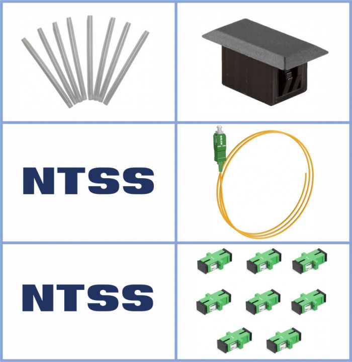 Кросс NTSS оптический настенный Микро 8, укомплектованный, 4 порта SC/APC, 9/125 мкм (сплошная панель, ложемент, пигтейлы, КДЗС, адаптеры) серый RAL 7035