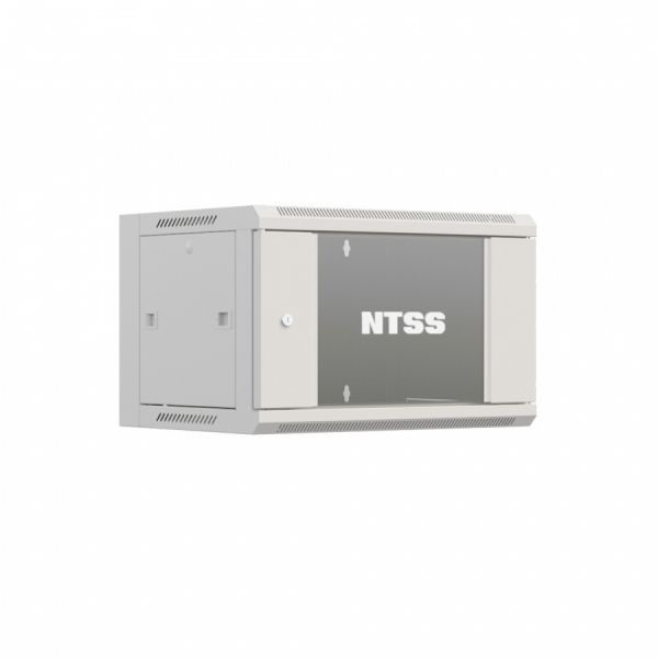Шкаф настенный телекоммуникационный NTSS W 6U 600х600х370мм, 2 профиля 19, дверь стеклянная, боковые стенки съемные, задняя стенка, разобранный, серый RAL 7035