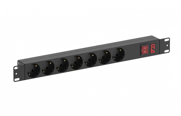 Блок розеток БР-7SCH-10А-C14, 7 розеток Schuko,выключатель с подсветкой, без шнура, разъем под шнур IEC C14