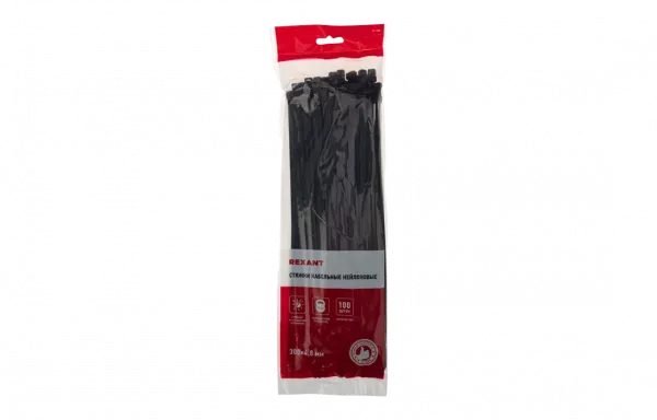 07-1303 Хомут-стяжка кабельная нейлоновая REXANT 300 x4,8 мм, черная, упаковка 100 шт.