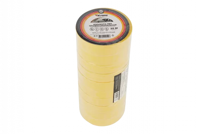 KR-09-2802 Изолента ПВХ KRANZ профессиональная, 0.18х19 мм, 20 м, желтая упаковка 10 роликов