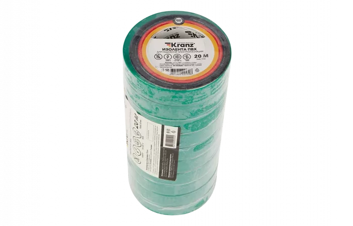 KR-09-2603 Изолента ПВХ KRANZ 15 мм х 20 м, зеленая, упаковка 10 роликов