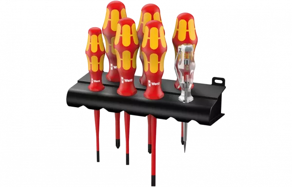 WE-006480	160 iS/7 Rack VDE Набор диэлектрических отвёрток с узким концом + пробник + подставка, 7 пр., PH 1/2, PZ/S # 2, SL 3.5/4.0/5.5