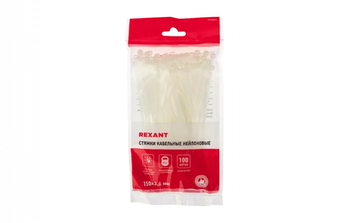 07-0150-4 Хомут-стяжка кабельная нейлоновая REXANT 150 x3,6 мм, белая, упаковка 100 шт.