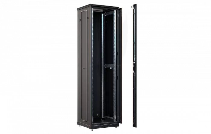 Шкаф телекоммуникационный напольный 19", 47U (600x600), ШТ-НП-М-47U-600-600-C-Ч, передняя дверь стекло, черный ССД