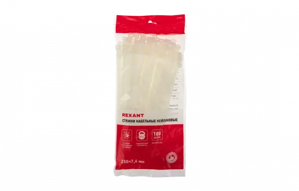 07-0252 Хомут-стяжка кабельная нейлоновая REXANT 250 x7,6 мм, белая, упаковка 100 шт.