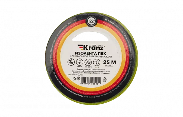 KR-09-2207 Изолента ПВХ KRANZ 0.13х19 мм, 25 м, желто-зеленая упаковка 5 роликов