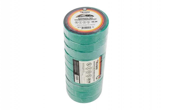 KR-09-2803 Изолента ПВХ KRANZ профессиональная, 0.18х19 мм, 20 м, зеленая упаковка 10 роликов