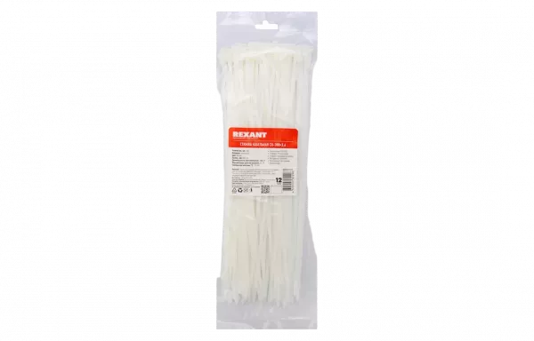 07-0300 Хомут-стяжка кабельная нейлоновая REXANT 300x3,6мм, белая, уаковка 100шт.