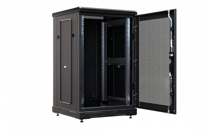 Шкаф телекоммуникационный напольный 19",18U(600x600), ШТ-НП-М-18U-600-600-П-Ч, передняя дверь перфорация, черный ССД