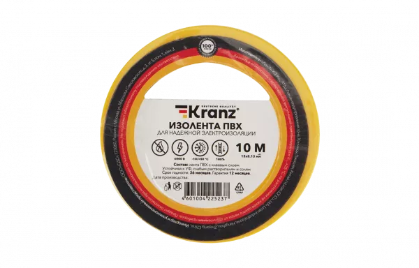 KR-09-2002 Изолента ПВХ KRANZ 0.13х15 мм, 10 м, желтая упаковка 10 роликов