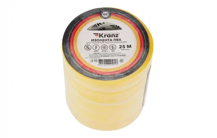 KR-09-2202 Изолента ПВХ KRANZ 19 мм х 25 м, желтая, упаковка 5 роликов