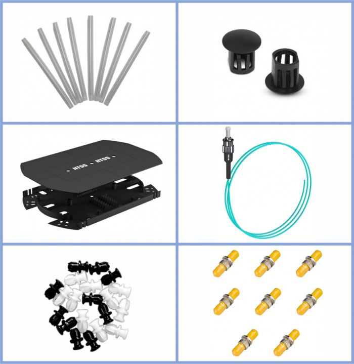 Кросс NTSS оптический настенный, укомплектованный, 64 порта ST/UPC, 50/125 мкм ОМ3 (планки, сплайс-кассета 2шт, пигтейлы, КДЗС, адаптеры) серый RAL 7035