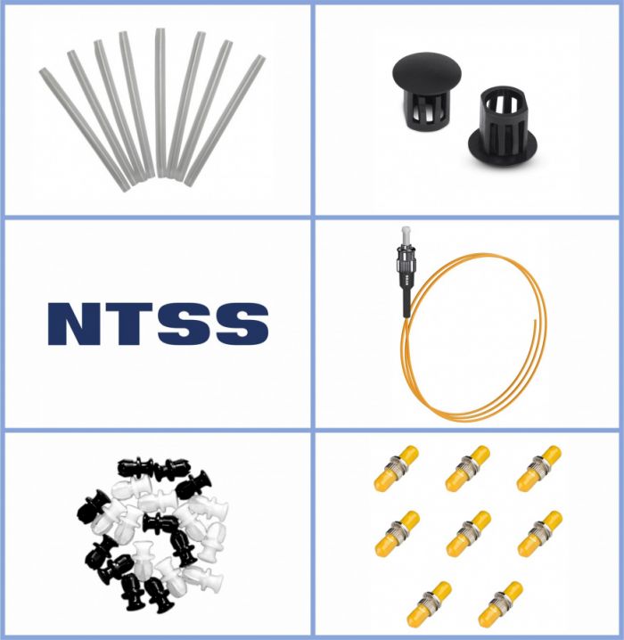 Кросс NTSS оптический настенный Мини, укомплектованный, 4 порта ST/UPC, 9/125 мкм (планка, ложемент, пигтейлы, КДЗС, адаптеры) серый RAL 7035