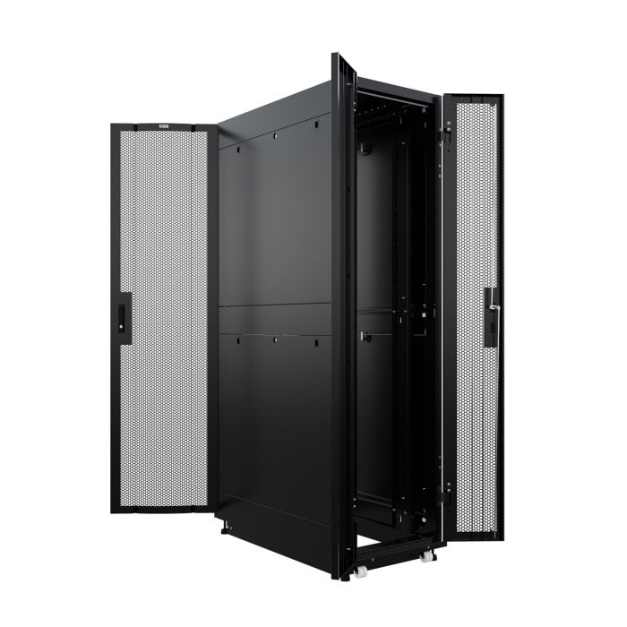 Шкаф напольный для ЦОД серверный NTSS ПРОЦОД PC 47U 600х1200мм, 4 профиля 19, двойные боковые стенки, панель потолка с вводами, без панели пола, двери перфорированная и перфорированная двухстворчатая, регулируемые опоры, ролики, черный RAL 9005