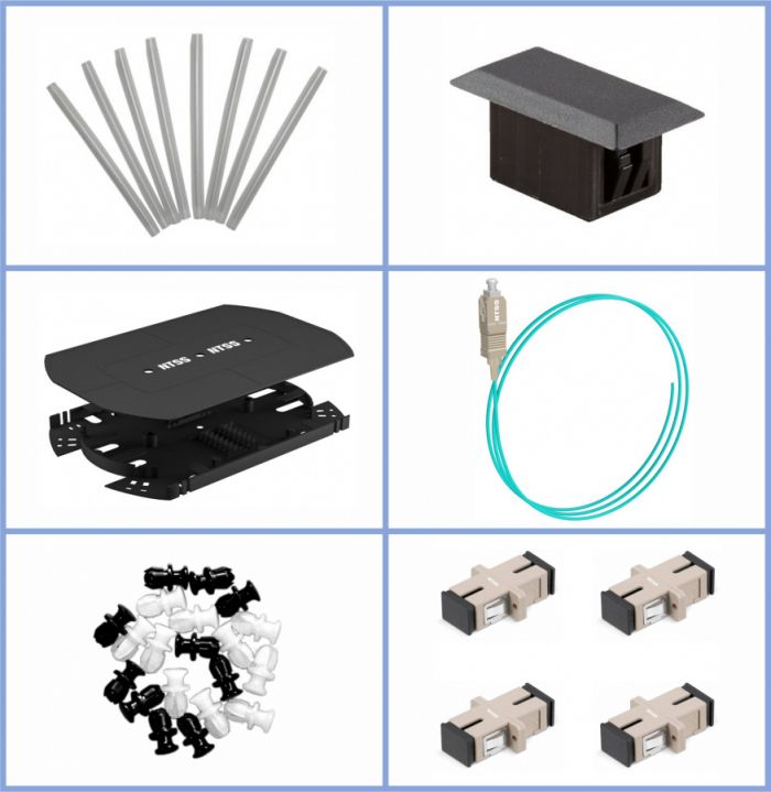 Кросс NTSS оптический 19'' укомплектованный 1U, 4 порта SC/UPC, 50/125 мкм ОМ3 (планки, сплайс-кассета, пигтейлы, КДЗС, адаптеры) серый RAL 7035
