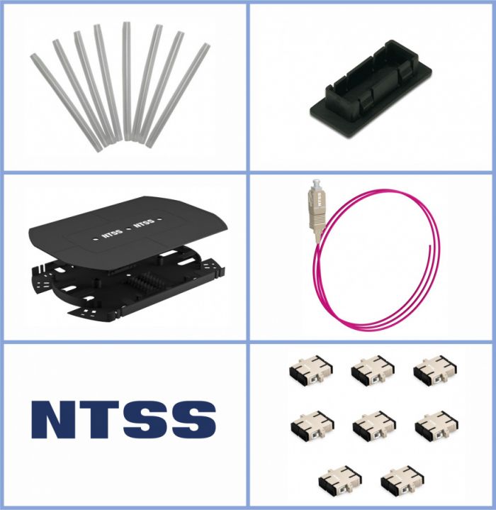 Кросс NTSS оптический 19'' укомплектованный 1U, 16 портов SC/UPC duplex, 50/125 мкм ОМ4 (сплошная панель, сплайс-кассета, пигтейлы, КДЗС, адаптеры) серый RAL 7035