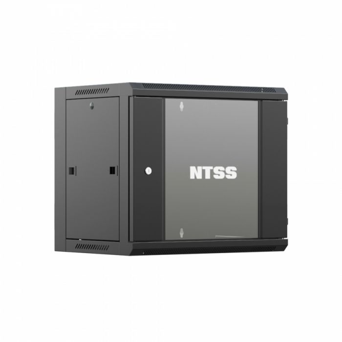 Шкаф настенный телекоммуникационный NTSS W 12U 600х450х635мм, 2 профиля 19, дверь стеклянная, боковые стенки съемные, задняя стенка, разобранный, черный RAL 9005