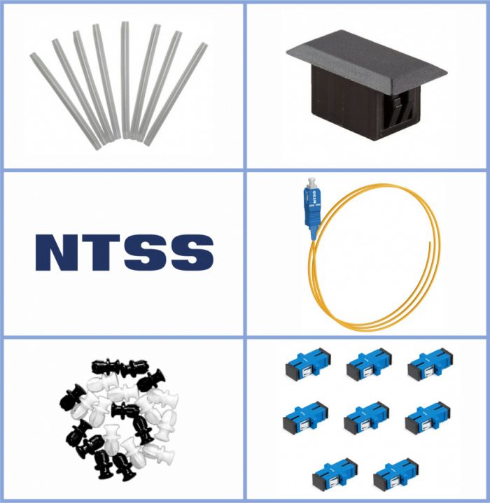 Кросс NTSS оптический настенный Мини, укомплектованный, 8 портов SC/UPC, 9/125 мкм (планка, ложемент, пигтейлы, КДЗС, адаптеры) серый RAL 7035