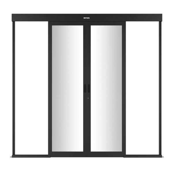 Дверь двухстворчатая механическая изолированной системы NTSS, 48U, стекло с замком, для коридора шириной 1200мм с опорной рамой, черная RAL 9005