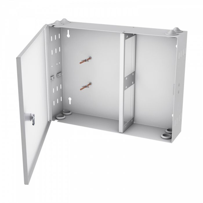 Кросс NTSS оптический настенный, укомплектованный, 48 портов LC/UPC duplex, 50/125 мкм ОМ4 (планки, сплайс-кассета 3шт, пигтейлы, КДЗС, адаптеры) серый RAL 7035