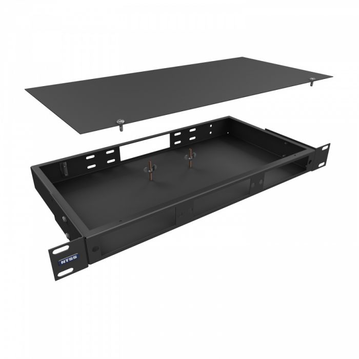 Кросс NTSS оптический 19'' укомплектованный 1U, 20 портов ST/UPC, 50/125 мкм ОМ4 (планки, сплайс-кассета, пигтейлы, КДЗС, адаптеры) черный RAL 9005
