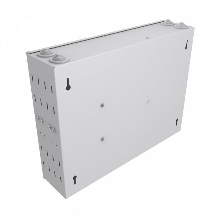 Кросс NTSS оптический настенный, укомплектованный, 24 порта ST/UPC, 50/125 мкм (планки, сплайс-кассета, пигтейлы, КДЗС, адаптеры) серый RAL 7035