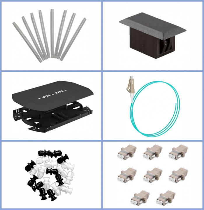 Кросс NTSS оптический 19'' укомплектованный 1U, 6 портов LC/UPC duplex, 50/125 мкм ОМ3 (планки, сплайс-кассета, пигтейлы, КДЗС, адаптеры) черный RAL 9005