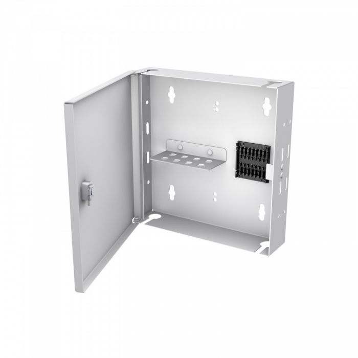 Кросс NTSS оптический настенный Мини, укомплектованный, 4 порта ST/UPC, 50/125 мкм (сплошная панель, ложемент, пигтейлы, КДЗС, адаптеры) серый RAL 7035