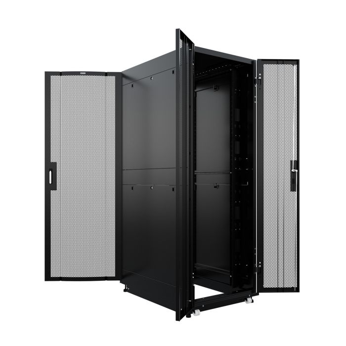 Шкаф напольный для ЦОД серверный NTSS ПРОЦОД PCM 47U 800х1200мм, 4 профиля 19, двойные боковые стенки, панель потолка с вводами, без панели пола, двери перфорированная и перфорированная двухстворчатая, регулируемые опоры, ролики, сварной каркас, черный RAL 9005
