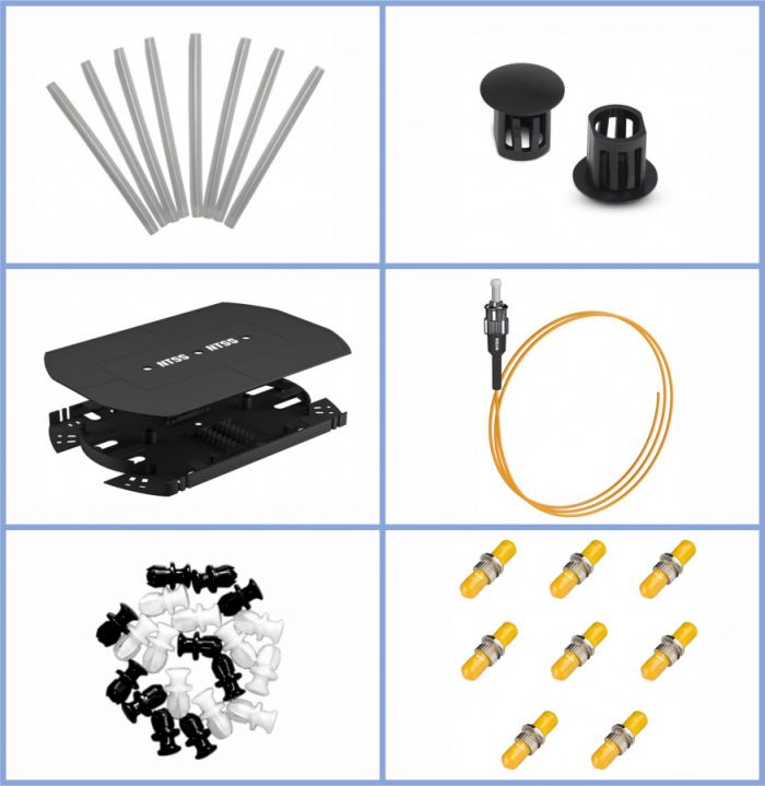 Кросс NTSS оптический 19'' укомплектованный 1U, 16 портов ST/UPC, 9/125 мкм (планки, сплайс-кассета, пигтейлы, КДЗС, адаптеры) серый RAL 7035