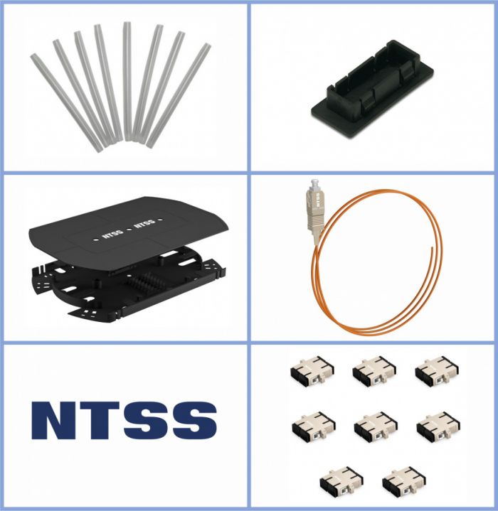 Кросс NTSS оптический 19'' укомплектованный 1U, 8 портов SC/UPC duplex, 62.5/125 мкм (сплошная панель, сплайс-кассета, пигтейлы, КДЗС, адаптеры) черный RAL 9005