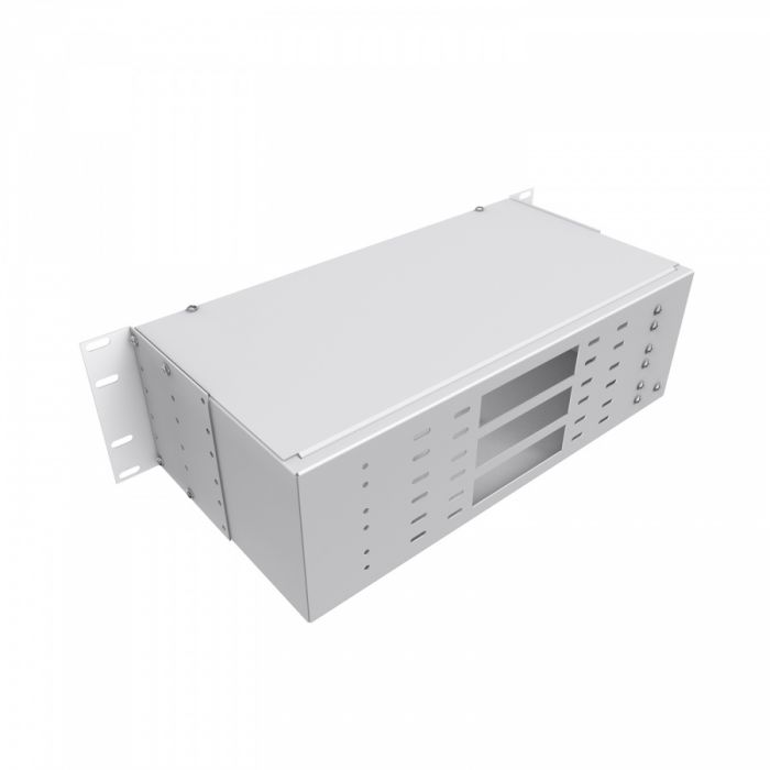 Кросс NTSS оптический 19'' укомплектованный 3U, 64 порта SC/UPC, 50/125 мкм (планки, сплайс-кассета 2шт, пигтейлы, КДЗС, адаптеры) серый RAL 7035