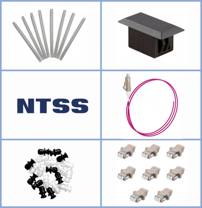 Кросс NTSS оптический настенный Мини, укомплектованный, 6 портов LC/UPC duplex, 50/125 мкм ОМ4 (планка, ложемент, пигтейлы, КДЗС, адаптеры) серый RAL 7035