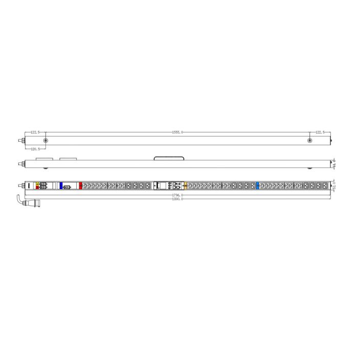 Блок распределения питания NTSS Metered, 3ф32А, 22кВт, 3 автоматических выключателей, (30)С13, (12)С19, 3м кабель с вилкой IEC 60309, 1802х52х50 мм