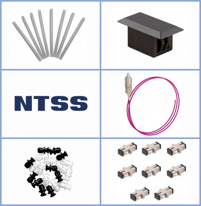 Кросс NTSS оптический настенный Мини, укомплектованный, 8 портов SC/UPC, 50/125 мкм ОМ4 (планка, ложемент, пигтейлы, КДЗС, адаптеры) серый RAL 7035