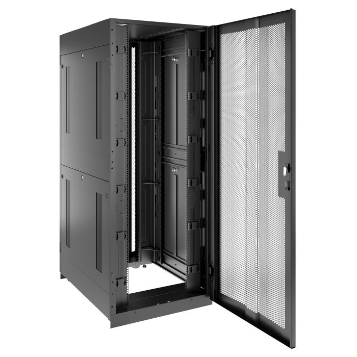 Шкаф напольный для ЦОД серверный NTSS ПРОЦОД PCM-V2 48U 800х1200мм, 4 профиля 19, двойные боковые стенки, панель потолка с вводами, без панели пола, двери перфорированная и перфорированная двухстворчатая, регулируемые опоры, ролики, сварной каркас, черный RAL 9005