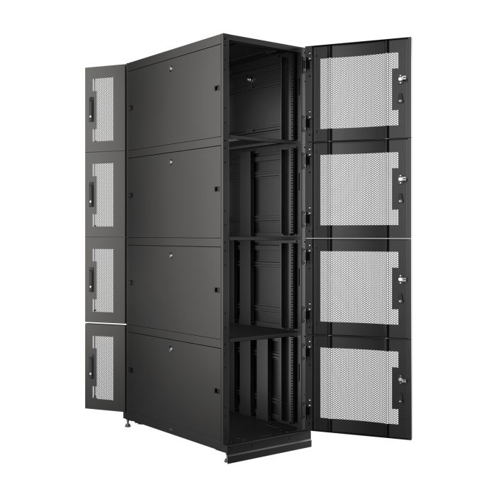 Шкаф напольный серверный NTSS CoDS 48U 750х1200мм, 4 секции по 11U, двойные боковые стенки, панель потолка и пола с щеточными вводами, двери перфорированная и перфорированная двухстворчатая, регулируемые опоры, ролики, черный RAL 9005