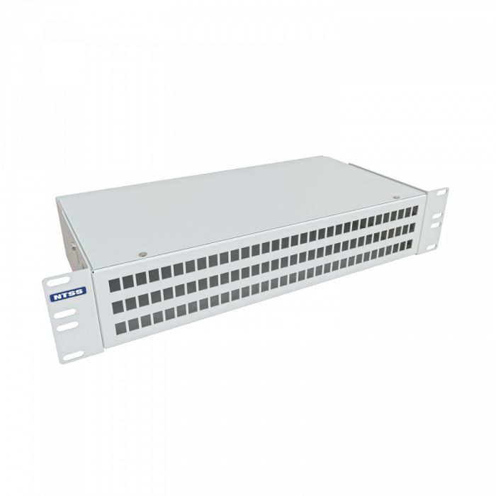 Кросс NTSS оптический 19'' укомплектованный 2U, 96 портов LC/UPC duplex, 50/125 мкм ОМ4 (сплошная панель, сплайс-кассета 6шт, пигтейлы, КДЗС, адаптеры) серый RAL 7035