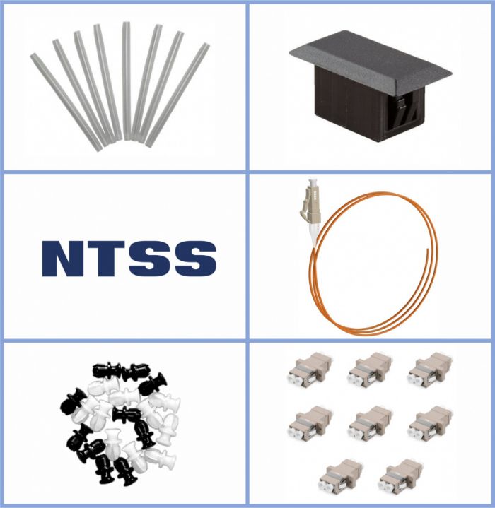 Кросс NTSS оптический настенный Мини, укомплектованный, 2 порта LC/UPC duplex, 50/125 мкм (планка, ложемент, пигтейлы, КДЗС, адаптеры) серый RAL 7035